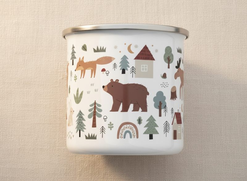 Personalised Woodland Friends kids mug: white enamel mug with a silver rim, wrapped in a woodland scene of a bear, fox, little houses, trees and a rainbow.
