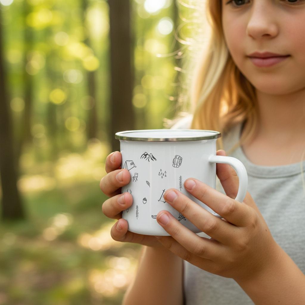 Child holding the white Camping enamel mug with both hands in a sunlit forest.