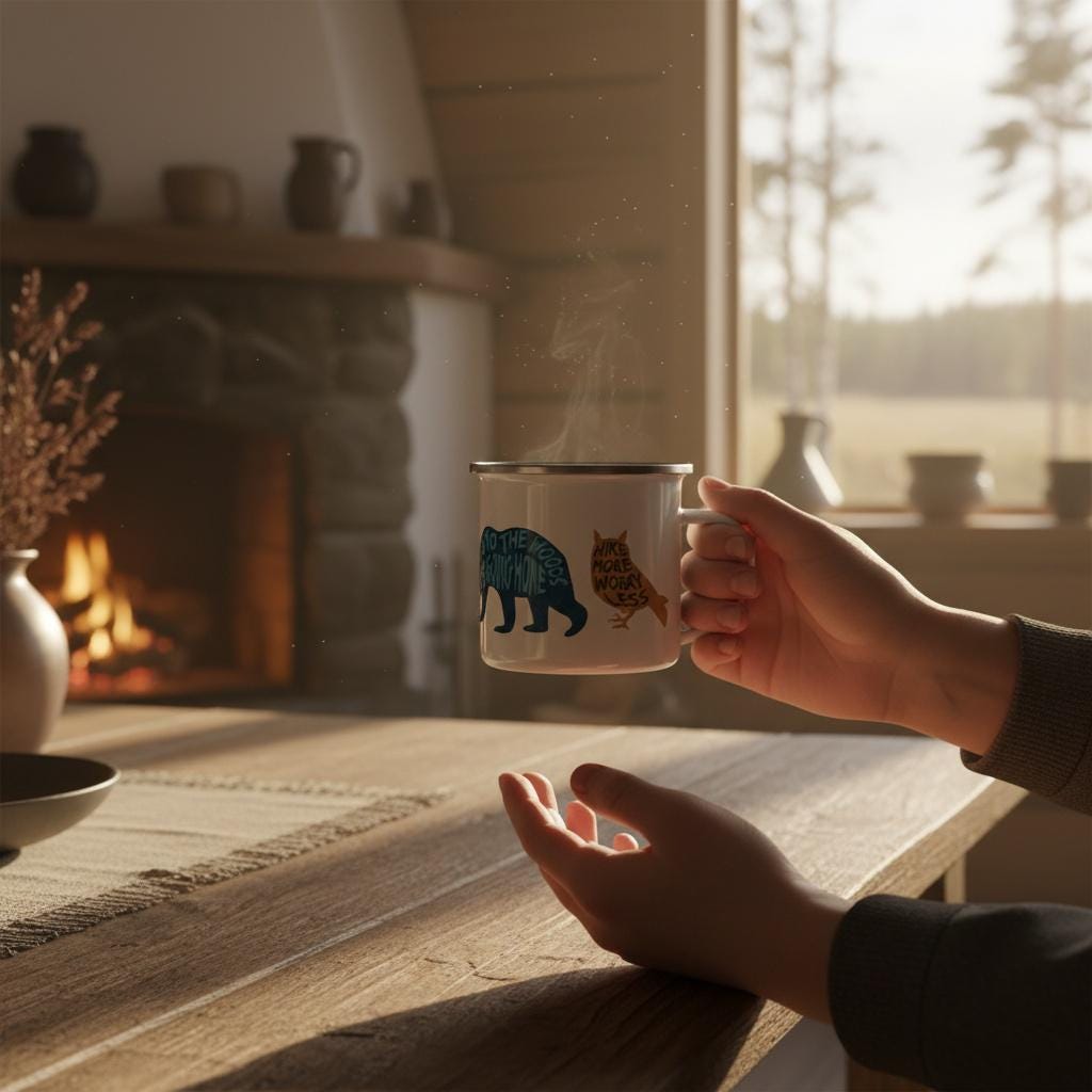 Hand reaching for the Woodland Animal enamel mug on a wooden table in a cabin with a stone fireplace.
