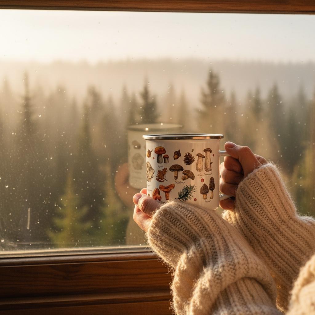 Hands in a knitted jumper holding the Mushroom Species enamel mug by a misty window overlooking a pine forest.