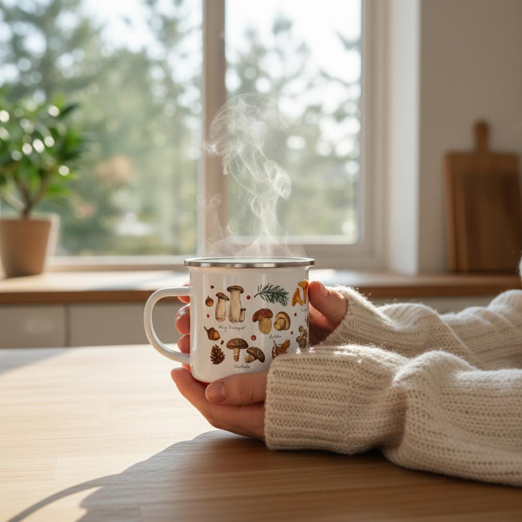 A white enamel mug with a silver rim featuring a colourful illustration of various mushrooms, pinecones, and foliage. Steam rises from the top of the mug, which is held by two hands wearing a cream-coloured knitted sweater sleeve.