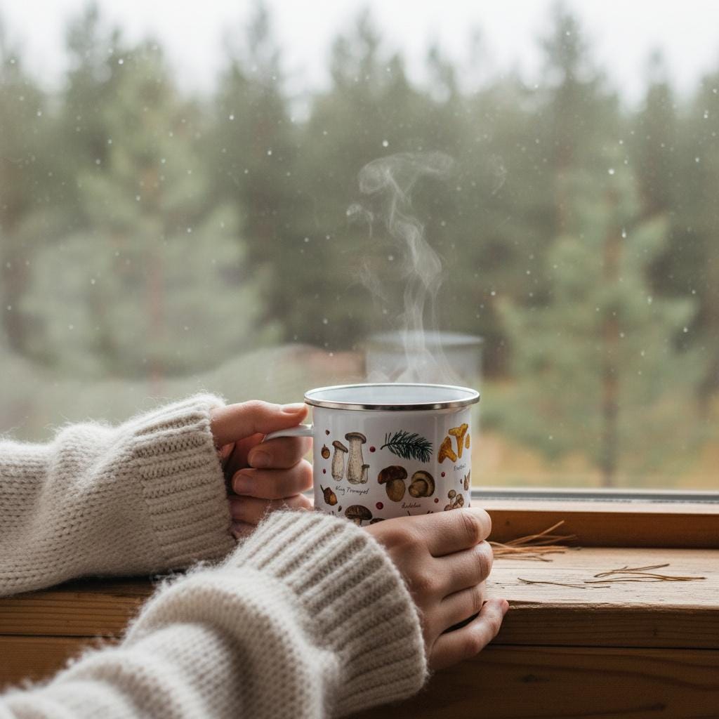 A white enamel mug with a silver rim featuring a colourful botanical illustration of various mushrooms and pine needles. The mug is filled with a hot beverage, emitting visible steam from the top, and has a smooth, cylindrical shape.