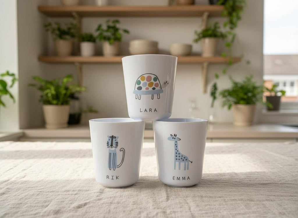 Three white cups featuring colourful animal illustrations and names. The top cup displays a turtle and the name Lara. The bottom left cup shows a tiger and the name Rik. The bottom right cup features a giraffe and the name Emma.