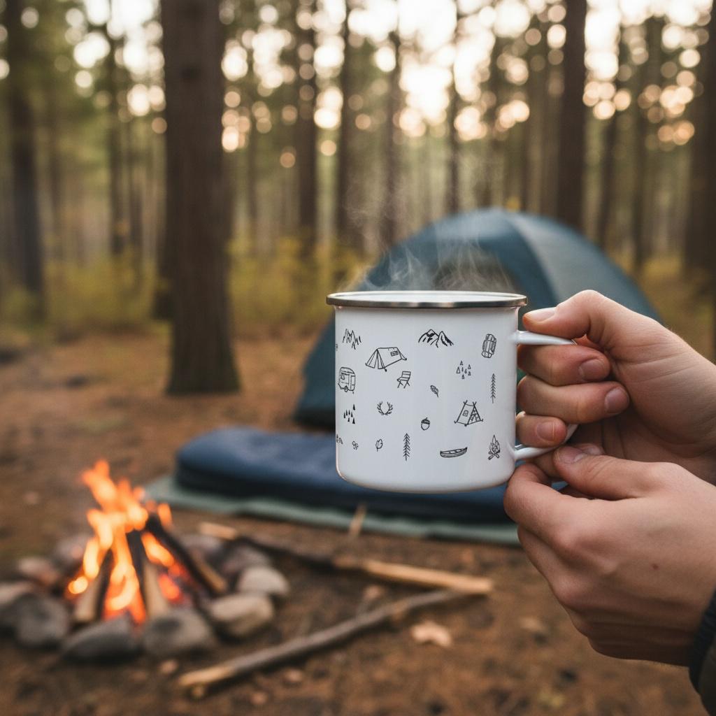 Hands holding the Camping enamel mug beside a campfire, with a tent pitched among pine trees behind.