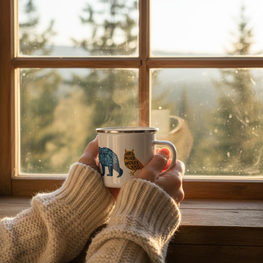 Hands in a knitted jumper holding the Woodland Animal enamel mug by a window looking out on a snowy pine forest.