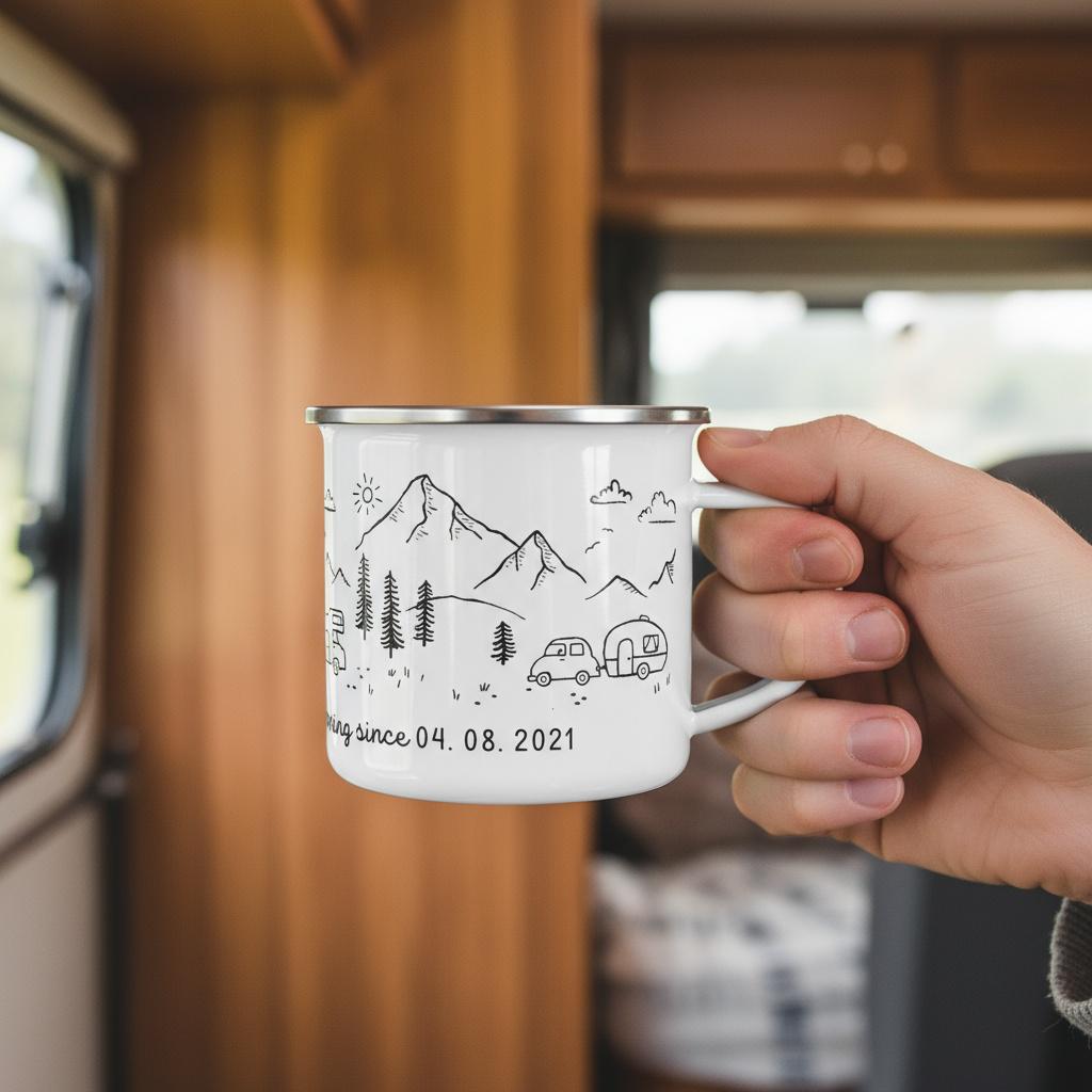 A white enamel mug with a silver rim featuring a black line art illustration of mountains, pine trees, a car, and a camper trailer. The text "camping since 04. 08. 2021" is printed in black lettering along the bottom of the mug design.
