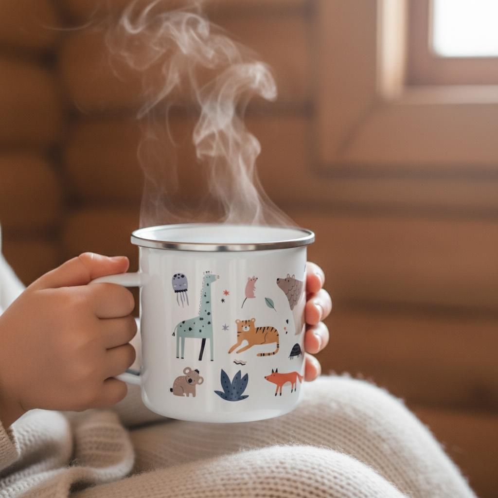 A white enamel mug with a silver rim featuring a colourful pattern of various animals including a giraffe, tiger, fox, and koala. Steam rises from the top of the mug, which is held by two hands. The mug has a smooth, cylindrical shape.