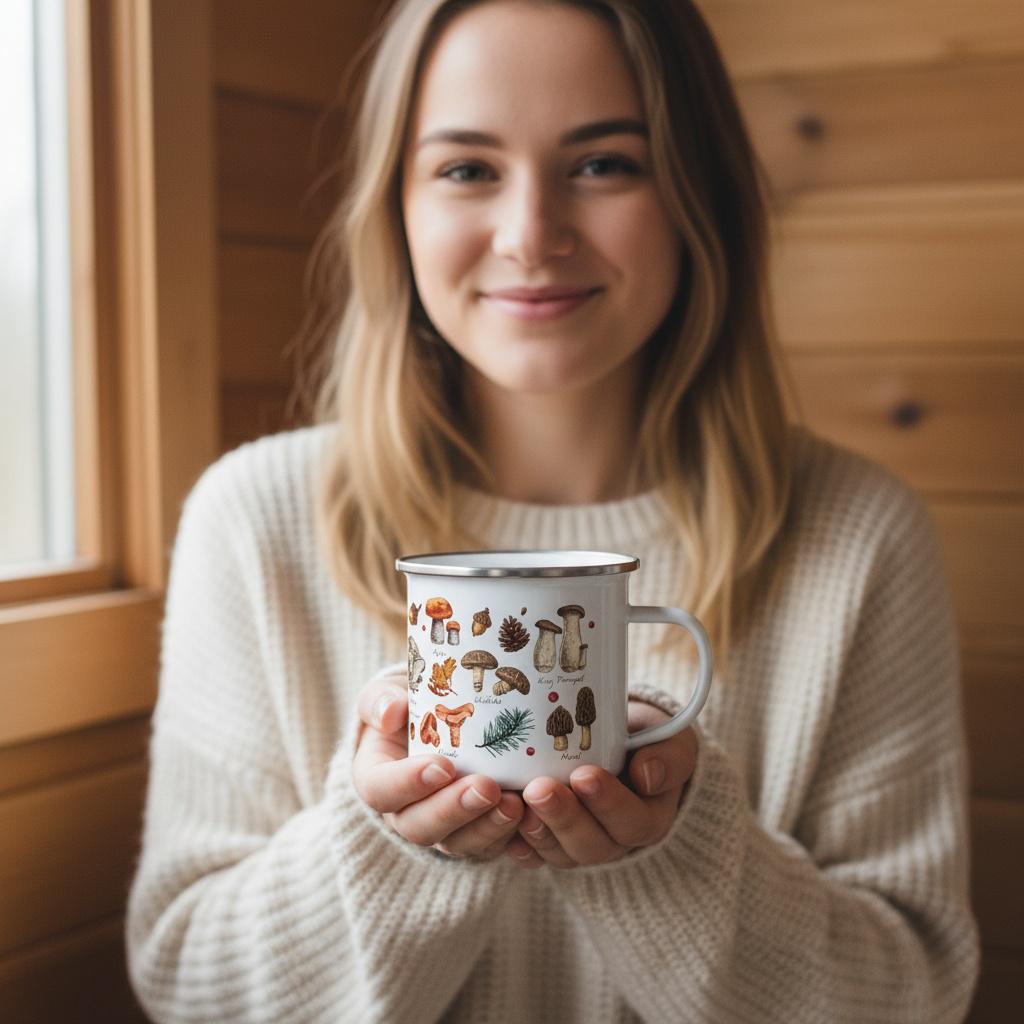 A white enamel mug featuring a detailed botanical illustration of various mushrooms, pinecones, and evergreen sprigs. The mug has a silver-toned rim and a matching white handle, displaying small text labels beneath each mushroom variety.