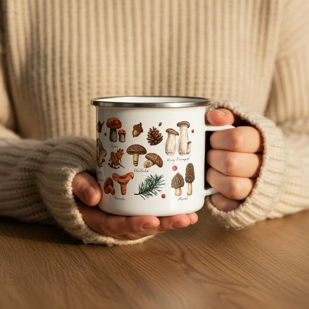 A white enamel mug with a silver rim featuring a detailed botanical illustration of various mushrooms including shiitake, morel, and king trumpet, along with pine needles, an acorn, and a pinecone, with text labels for each species.