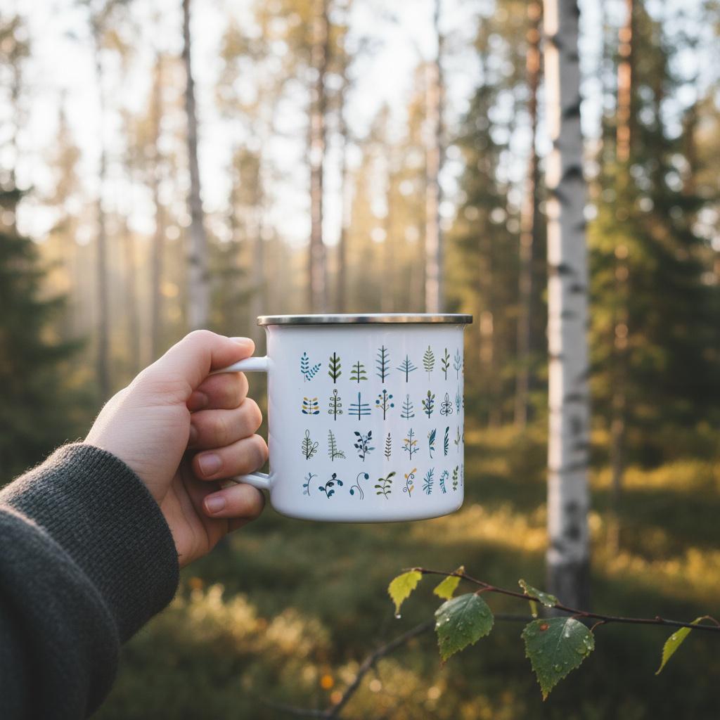White enamel mug with a black rim and handle, decorated with a pattern of stylized green and gold trees. The mug is held in a hand against a blurred forest background.