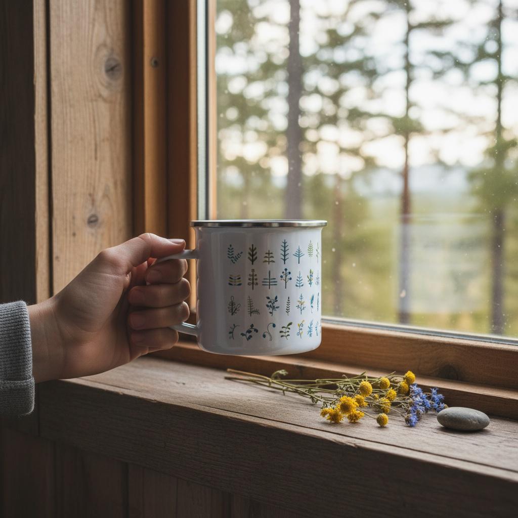 White enamel mug with a silver rim and handle, decorated with a repeating pattern of stylized trees and plants in shades of green and blue. The mug is held near a window with a view of trees. A small bouquet of yellow and blue flowers rests on the windowsill.