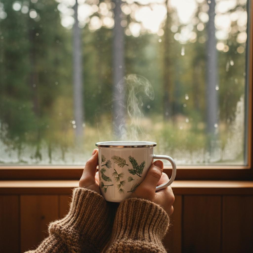A white enamel mug with a silver rim featuring a green pine needle pattern. The mug has a side handle and contains a hot beverage emitting visible steam. The mug is held by two hands wearing a thick, textured brown knit sweater.