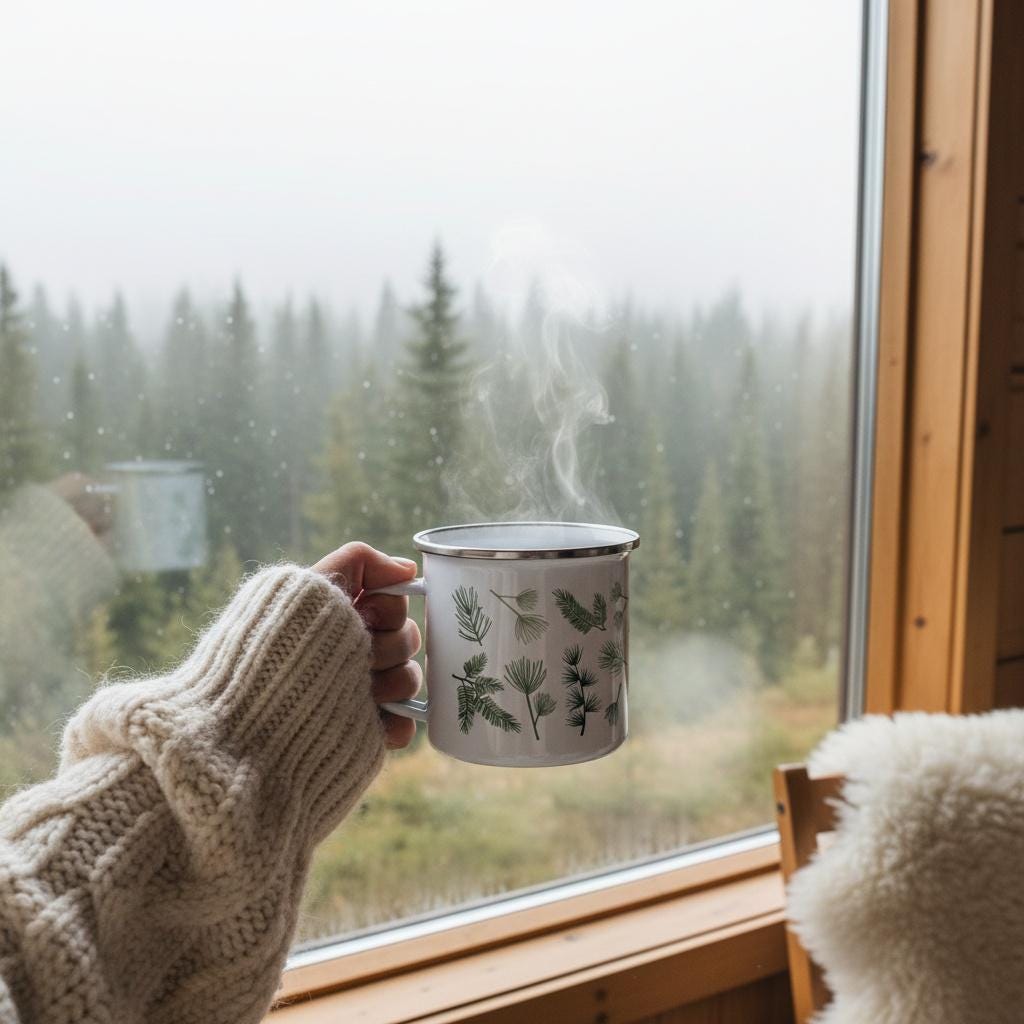 A white enamel mug with a silver rim featuring a green botanical pattern of various pine needles and branches. The mug is filled with a hot beverage, emitting visible steam, and is held against a backdrop of a forest view.