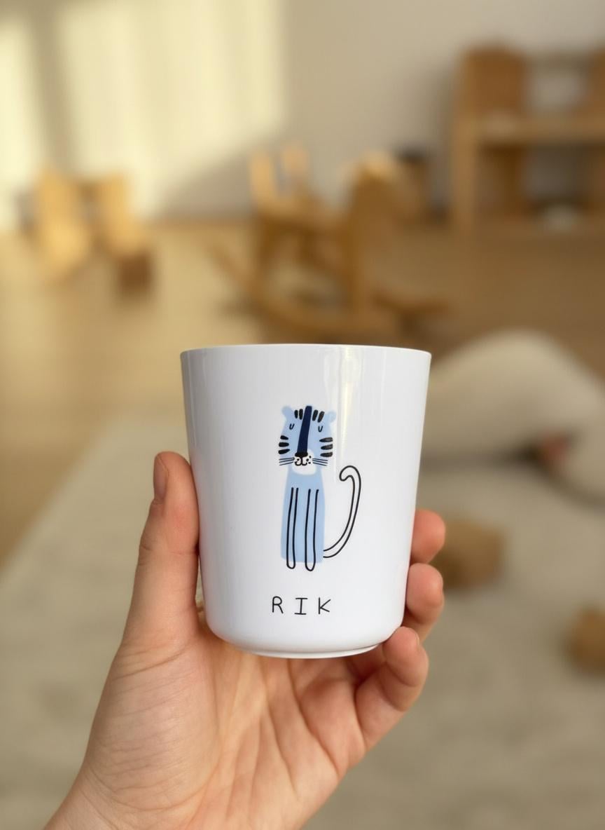 A white cup featuring a light blue and dark blue graphic illustration of a stylised cat with a long tail. The name RIK is printed in black capital letters below the cat illustration on the front of the smooth, cylindrical cup.