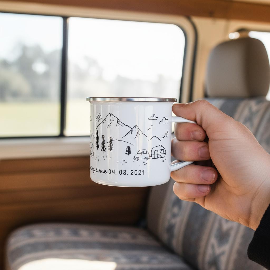 A white enamel mug with a silver rim featuring a black line art illustration of mountains, pine trees, a car, and a camper trailer. The text "camping since 04. 08. 2021" is printed in black lettering near the bottom of the mug.