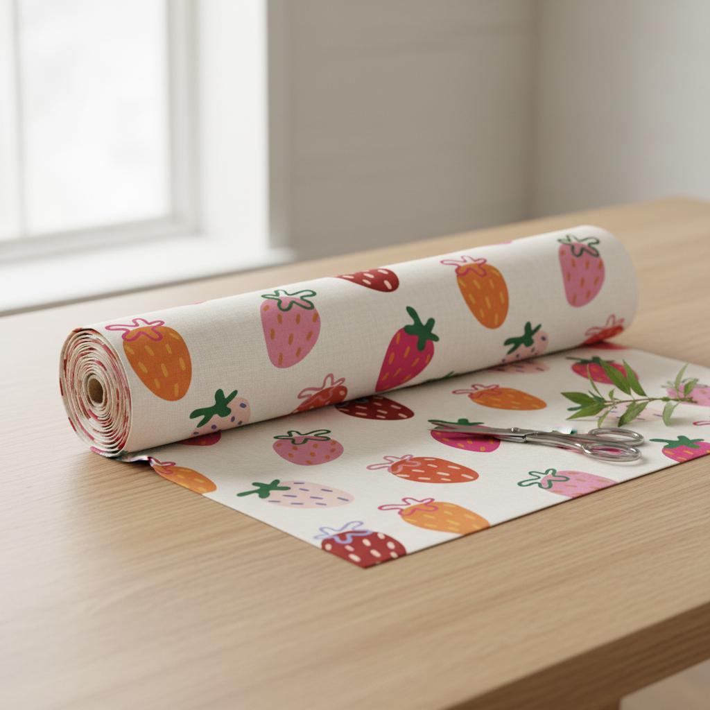 A roll of off-white fabric featuring a repeating pattern of stylised strawberries in shades of pink, orange, and red with green stems. A pair of silver metal scissors rests on the unrolled portion of the fabric.