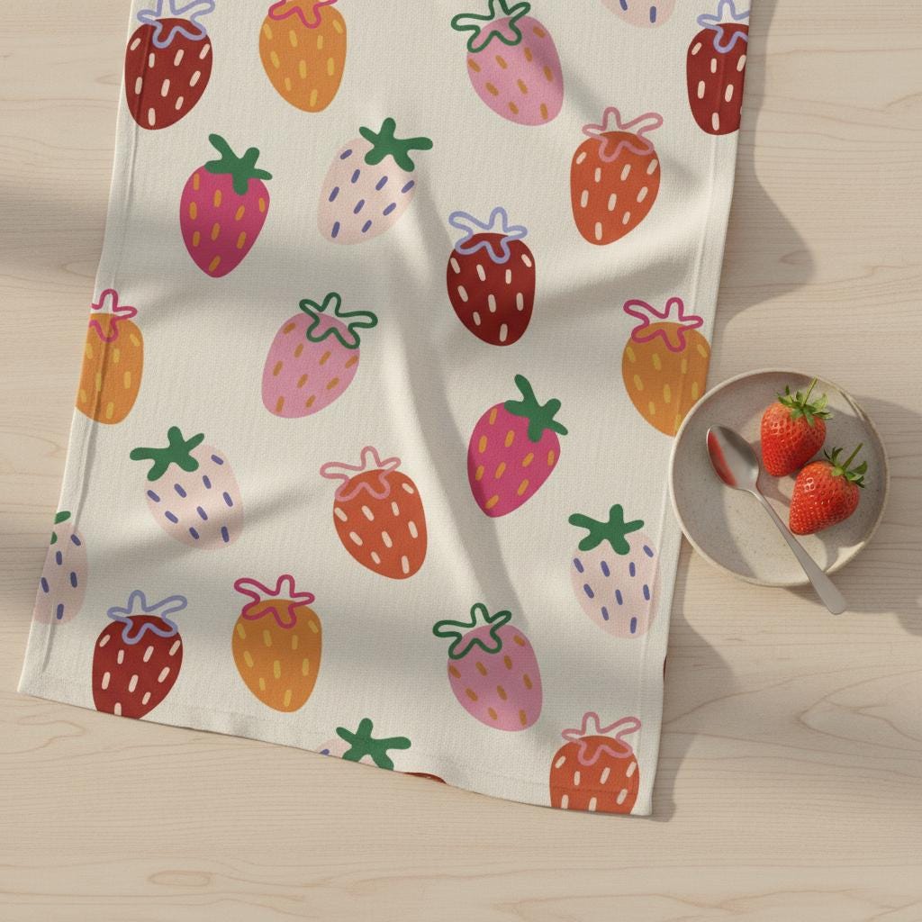 A rectangular kitchen towel featuring a repeating pattern of stylised strawberries in shades of red, orange, pink, and light purple on an off-white background. Each strawberry has a green stem and small dash-like seeds.