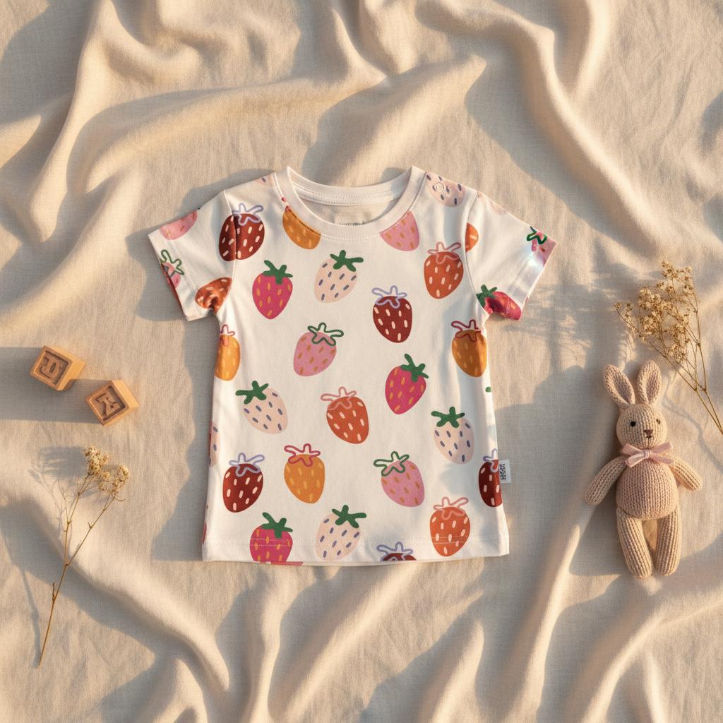 A short-sleeved white t-shirt featuring an all-over print of strawberries in various shades of red, pink, and orange. The shirt has a round neckline and a small white brand tag on the side seam, showcasing a repeating fruit pattern.