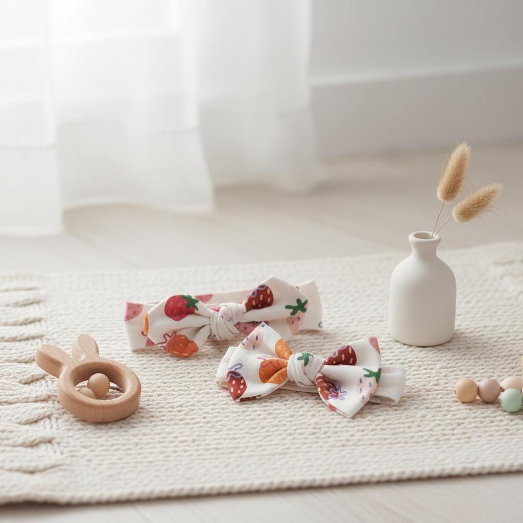 Two white fabric headbands featuring a repeating pattern of red and orange strawberries with green leaves. Each headband is tied into a bow at the centre. A wooden rabbit-shaped rattle and a small white vase are also present.