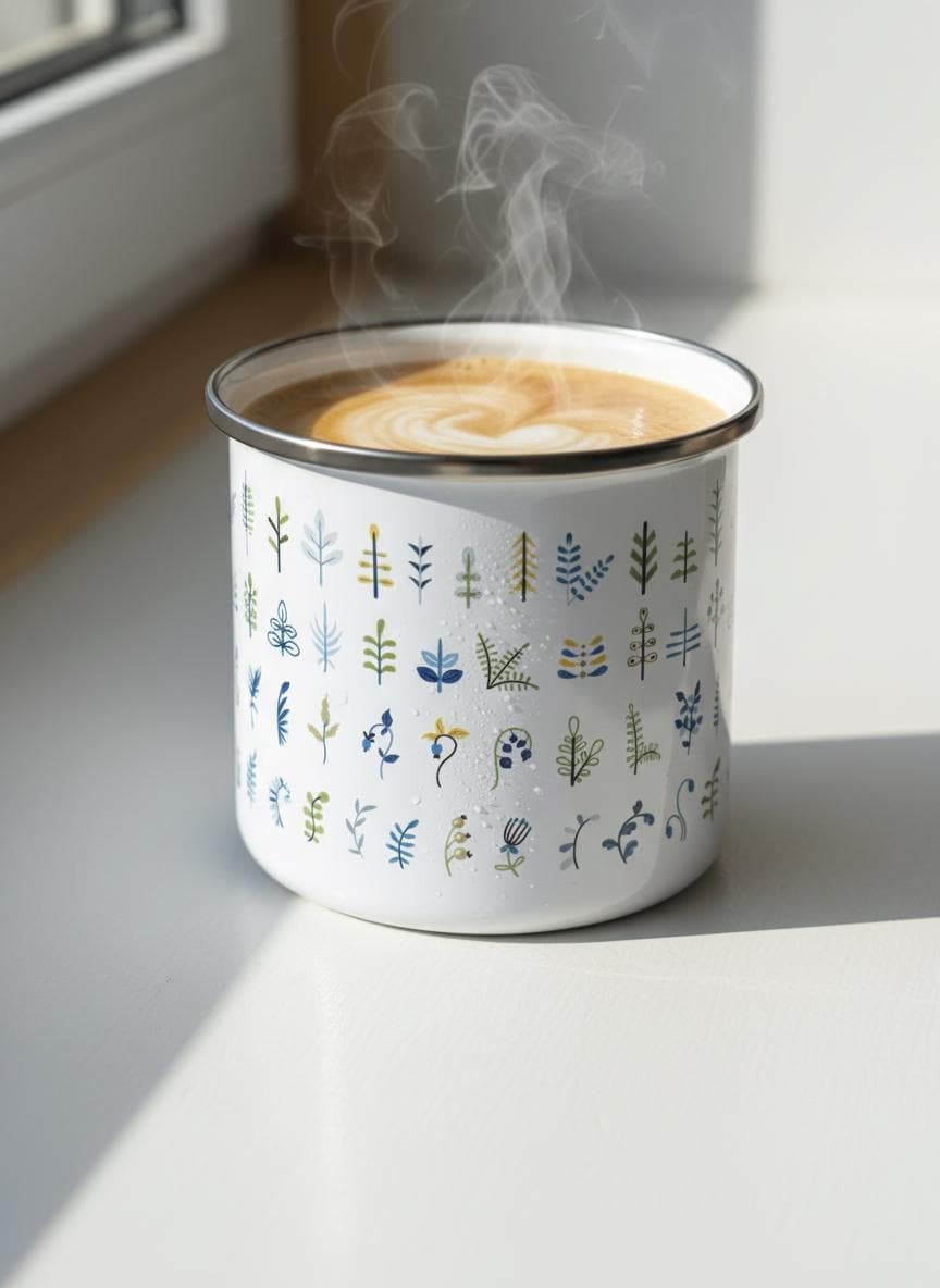 Botanical Leaf enamel mug filled with steaming latte on a sunny windowsill.