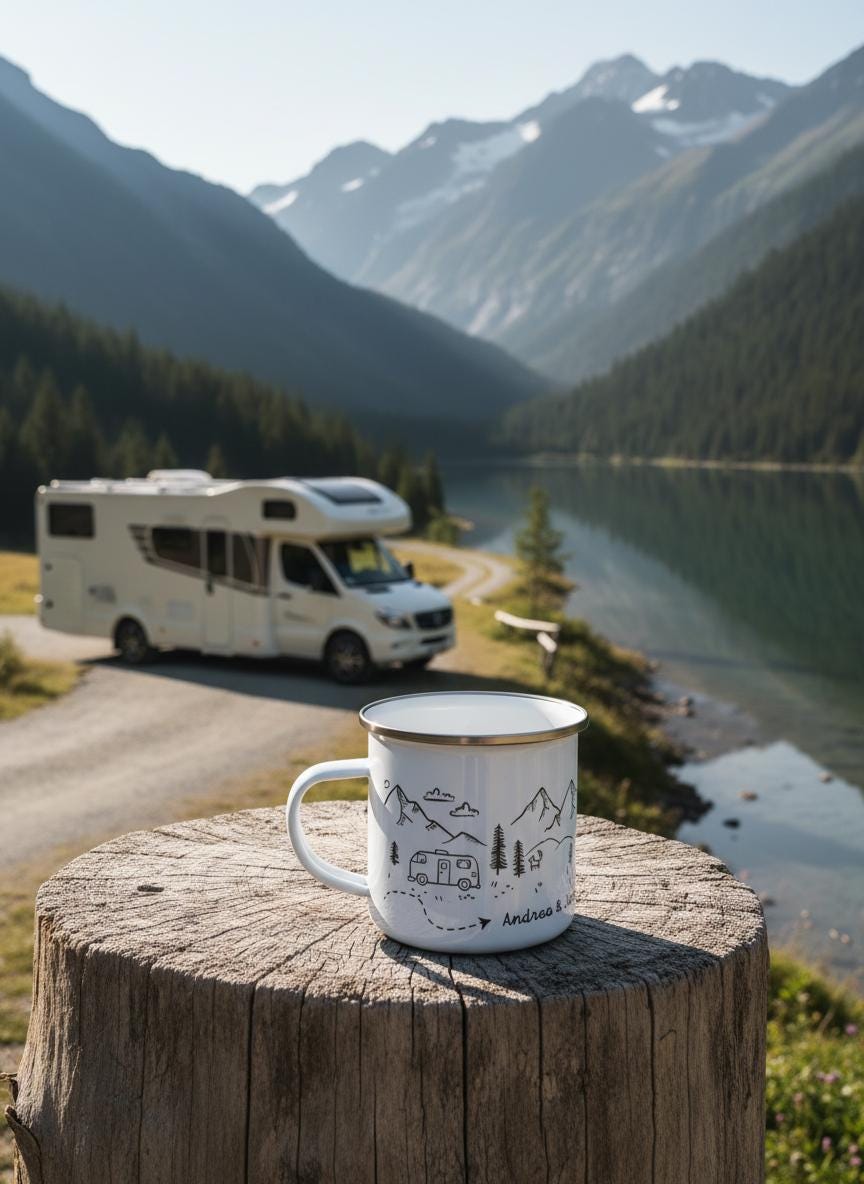 A white enamel mug with a silver rim featuring a black line art illustration of a camper van, pine trees, and mountains. The design includes a dotted path and the text "Andrea &" printed on the side of the mug.