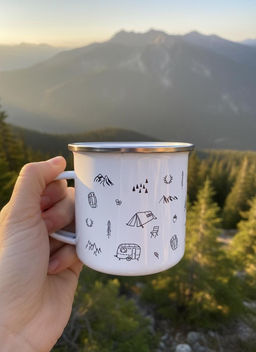 Hand holding the Camping enamel mug in front of a mountain view at sunset.