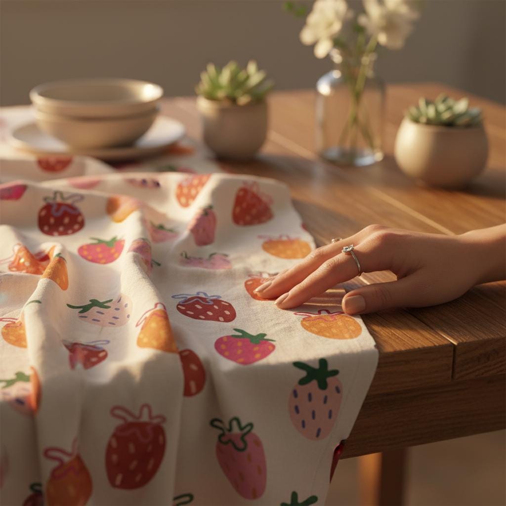 A white fabric runner featuring a repeating pattern of hand-drawn strawberries in shades of red, pink, and orange. The strawberries have green stems and small dashed details, scattered across the surface of the textile.