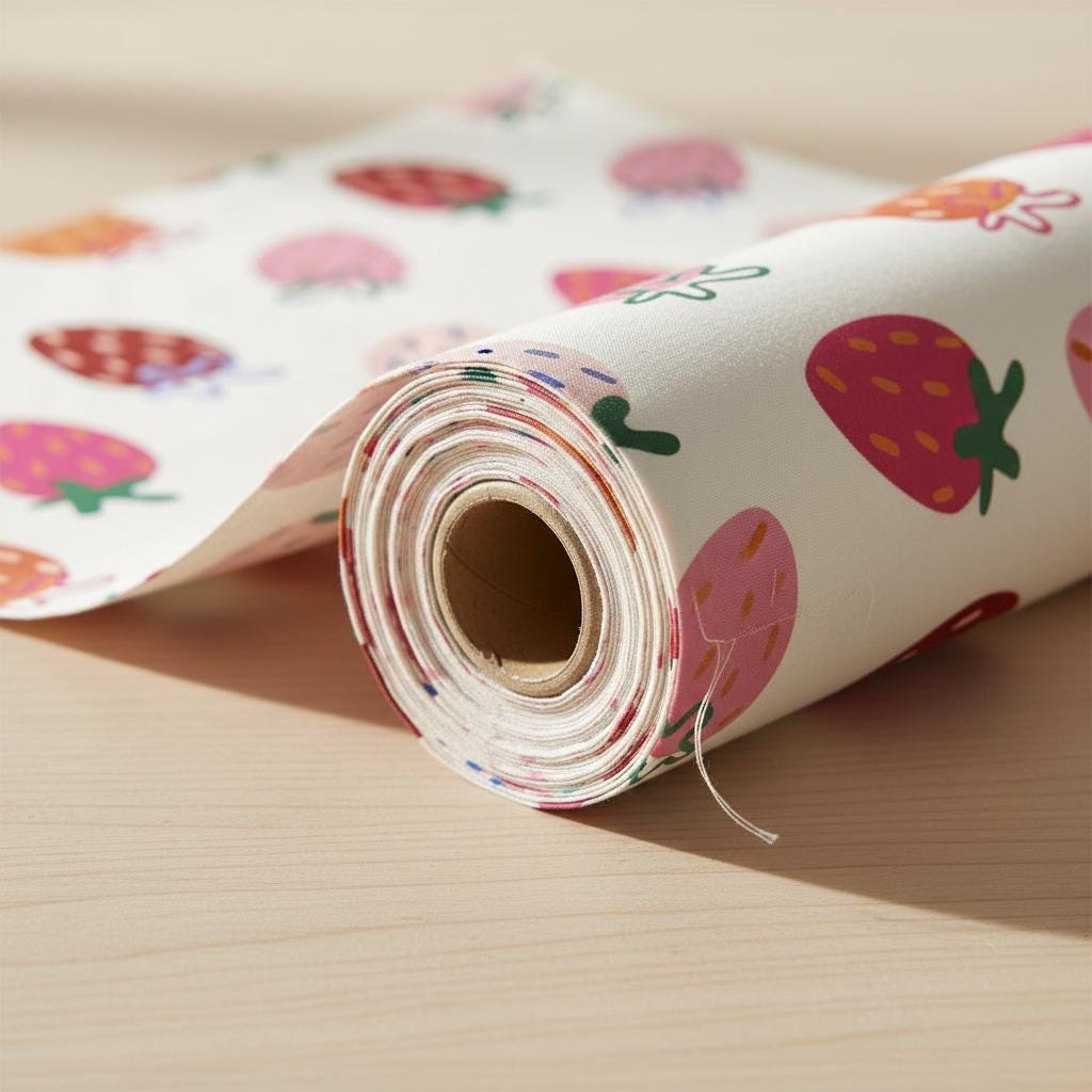 A roll of white fabric featuring a repeating pattern of strawberries in shades of red and pink with green stems. The fabric is tightly wound around a cardboard core, showing the layered texture of the textile material.