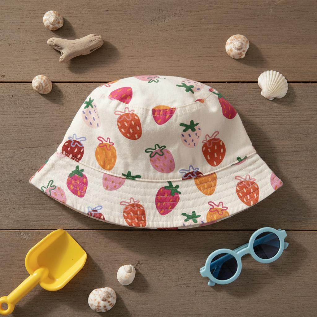 A cream-coloured bucket hat featuring an all-over print of stylised strawberries in shades of red, orange, and pink with green stems. The hat has a downward-sloping brim and a rounded crown, constructed from a light-coloured fabric.
