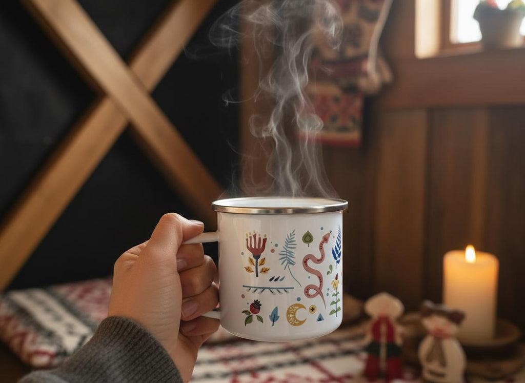 Hand holding the Nordic Folk Art enamel mug with steam rising, in a candlelit wooden cabin.