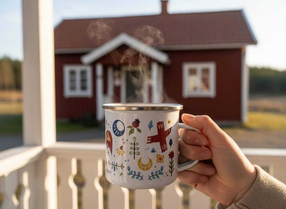 A white enamel mug with a silver rim, featuring a colourful pattern of stylised birds, crescent moons, flowers, and leaves. The mug contains a hot beverage with visible steam rising from the top, held by a hand in a beige sleeve.