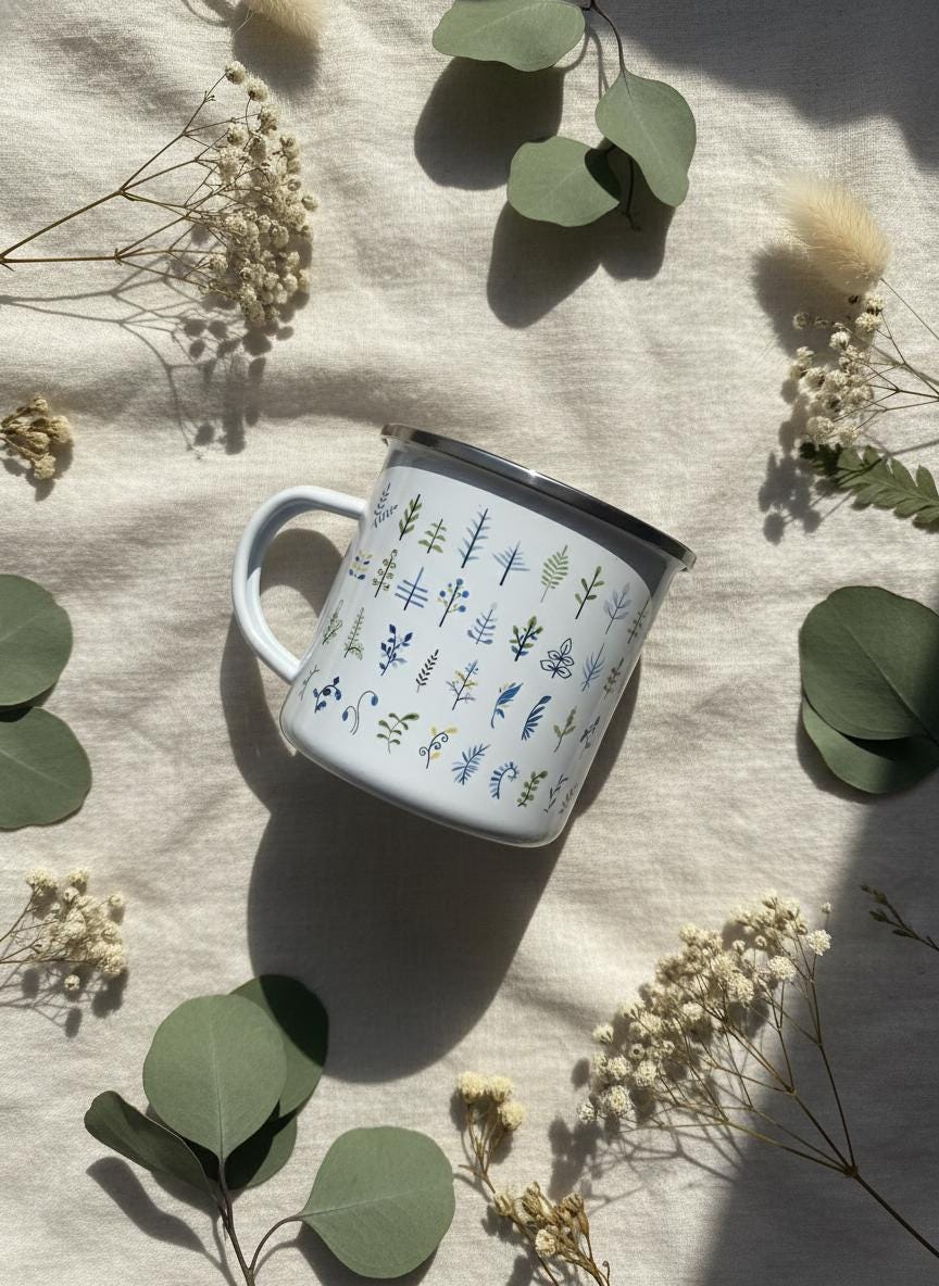 Botanical Leaf enamel mug lying on cream linen, styled from above with eucalyptus stems and dried gypsophila.