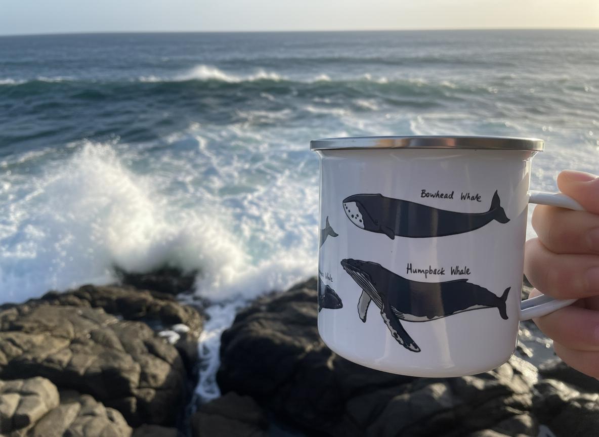A white enamel mug with a silver rim featuring black and white illustrations of various whale species, including a Bowhead Whale and a Humpback Whale, with their names printed in black text next to each corresponding whale illustration.