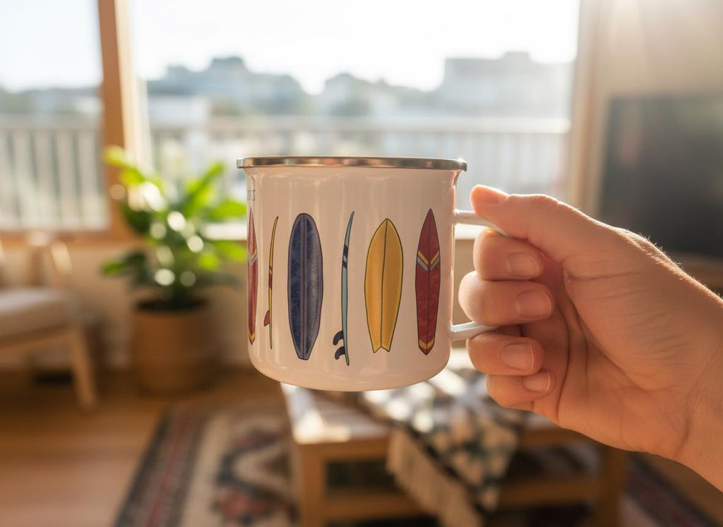 Hand holding the personalised Surfboard enamel mug, decorated with colourful surfboards, in a bright living room by the sea.