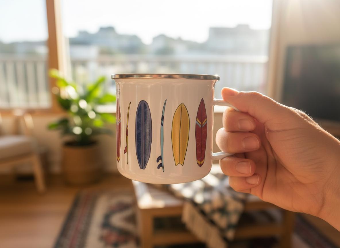Hand holding the personalised Surfboard enamel mug, decorated with colourful surfboards, in a bright living room by the sea.