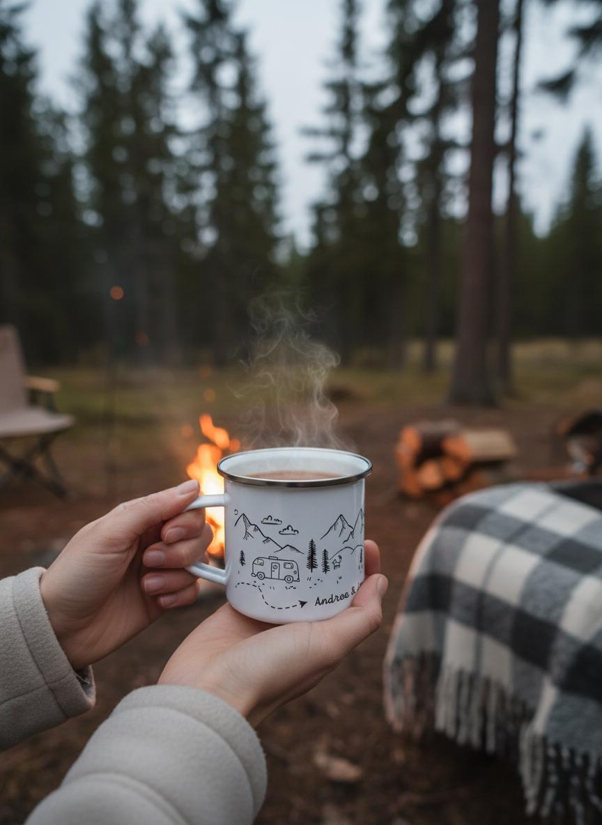 A white enamel mug with a silver rim featuring a black line art illustration of a camper van, mountains, trees, and a dotted path. The text "Andree &" is printed on the side. Steam rises from the hot liquid inside the mug.