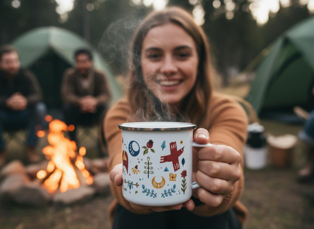 A white enamel mug with a silver rim, featuring a colourful pattern of small red birds, yellow crescent moons, blue leaves, and various floral motifs. Steam rises from the top of the mug, which is held by two hands in the foreground.