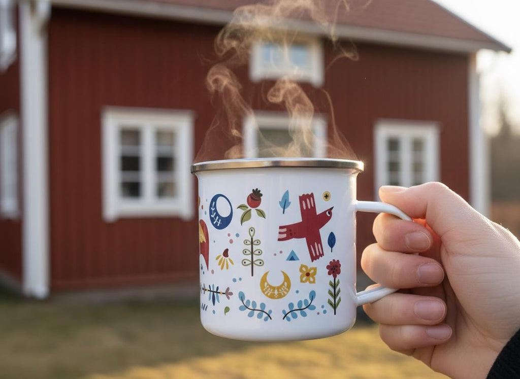 A white enamel mug with a silver rim, featuring a colourful pattern of red birds, yellow crescent moons, green foliage, and blue floral elements. Steam rises from the top of the mug, which has a white handle on the right side.