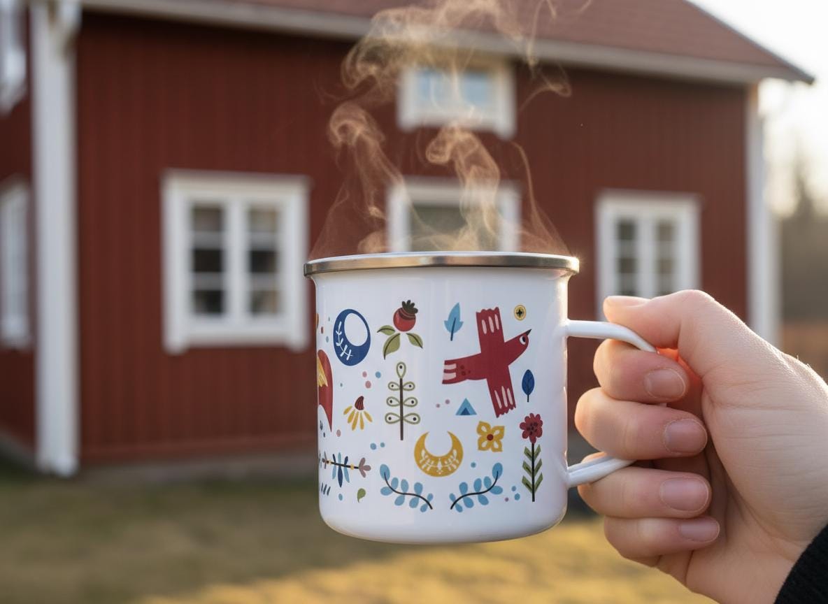 A white enamel mug with a silver rim, featuring a colourful pattern of red birds, yellow crescent moons, green foliage, and blue floral elements. Steam rises from the top of the mug, which has a white handle on the right side.
