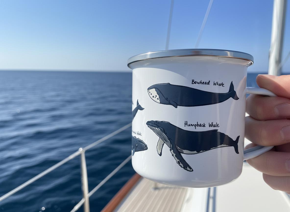 A white enamel mug with a silver rim featuring dark blue illustrations of whales. The text Bowhead Whale and Humpback Whale is printed next to the corresponding whale drawings. The mug has a handle on the right side for easy holding.