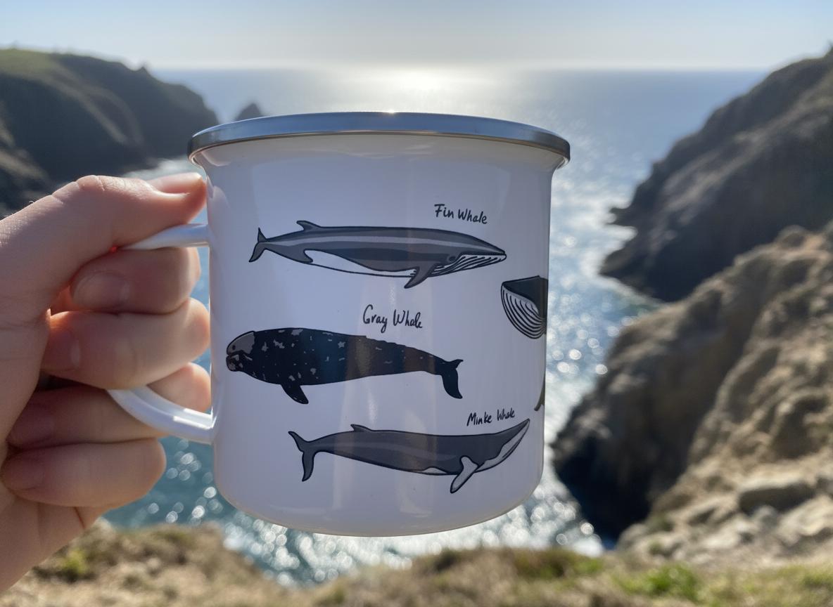 A white enamel mug with a silver rim featuring illustrations of various whale species including a Fin Whale, Gray Whale, and Minke Whale, each labelled with its common name in black text against the white background of the mug.