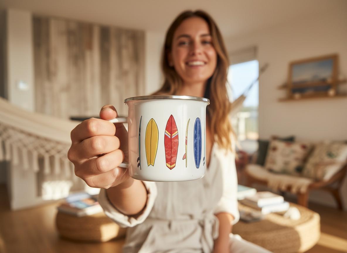 A white enamel mug featuring a colourful graphic print of five different surfboards in shades of yellow, red, and blue. The mug has a smooth cylindrical body, a sturdy handle on the side, and a metallic silver rim around the top edge.