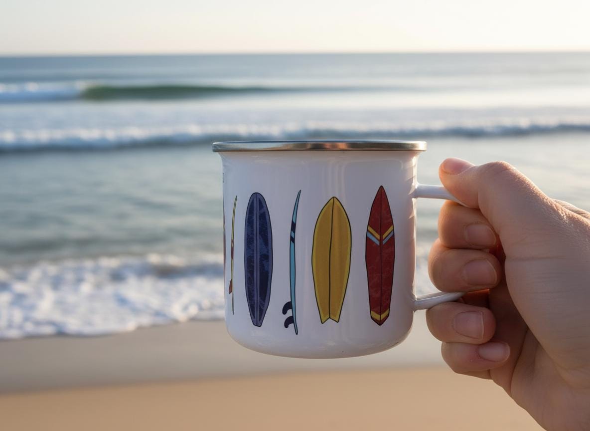 A white enamel mug featuring a repeating graphic print of various colourful surfboards in shades of blue, yellow, and red. The mug has a smooth white finish and a metallic silver rim around the top edge, with a sturdy handle on the side.