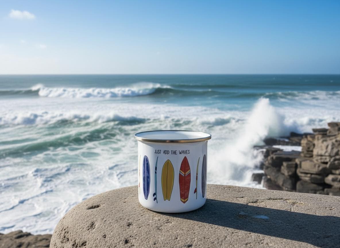 A white enamel mug with a silver rim featuring a colourful graphic print of various surfboards and the text "JUST ADD THE WAVES" in black lettering. The mug is cylindrical with a smooth finish and a simple, functional design.