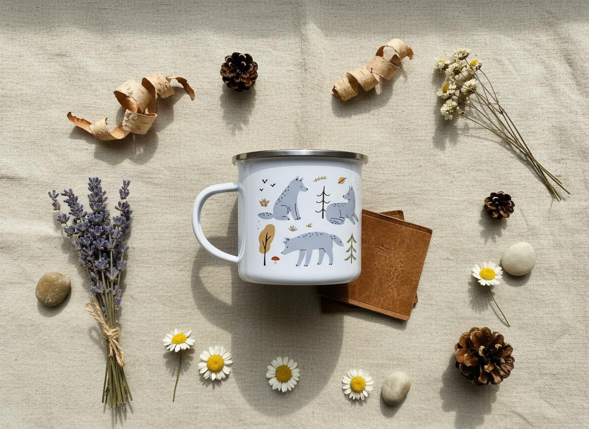 A white enamel mug featuring a repeating pattern of light blue wolves, small trees, and mushrooms. The mug has a silver-coloured rim and a handle on the right side. It is surrounded by dried lavender, pinecones, and small white flowers.