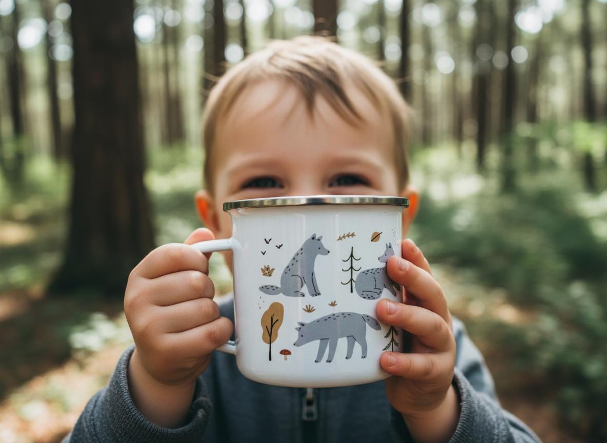 A white enamel mug with a silver rim featuring a repeating pattern of grey wolves, small brown trees, and tiny mushrooms. The mug has a sturdy side handle and a smooth, glossy finish, showcasing a woodland-themed graphic design.