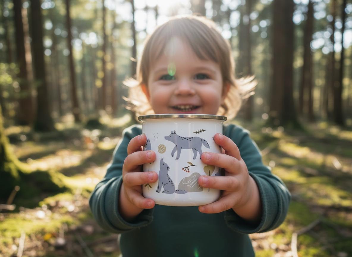 A white enamel mug featuring a repeating pattern of grey wolves, small tan circles, and brown botanical elements. The mug has a metallic silver rim and a smooth, cylindrical body, held firmly by two hands in a forest setting.
