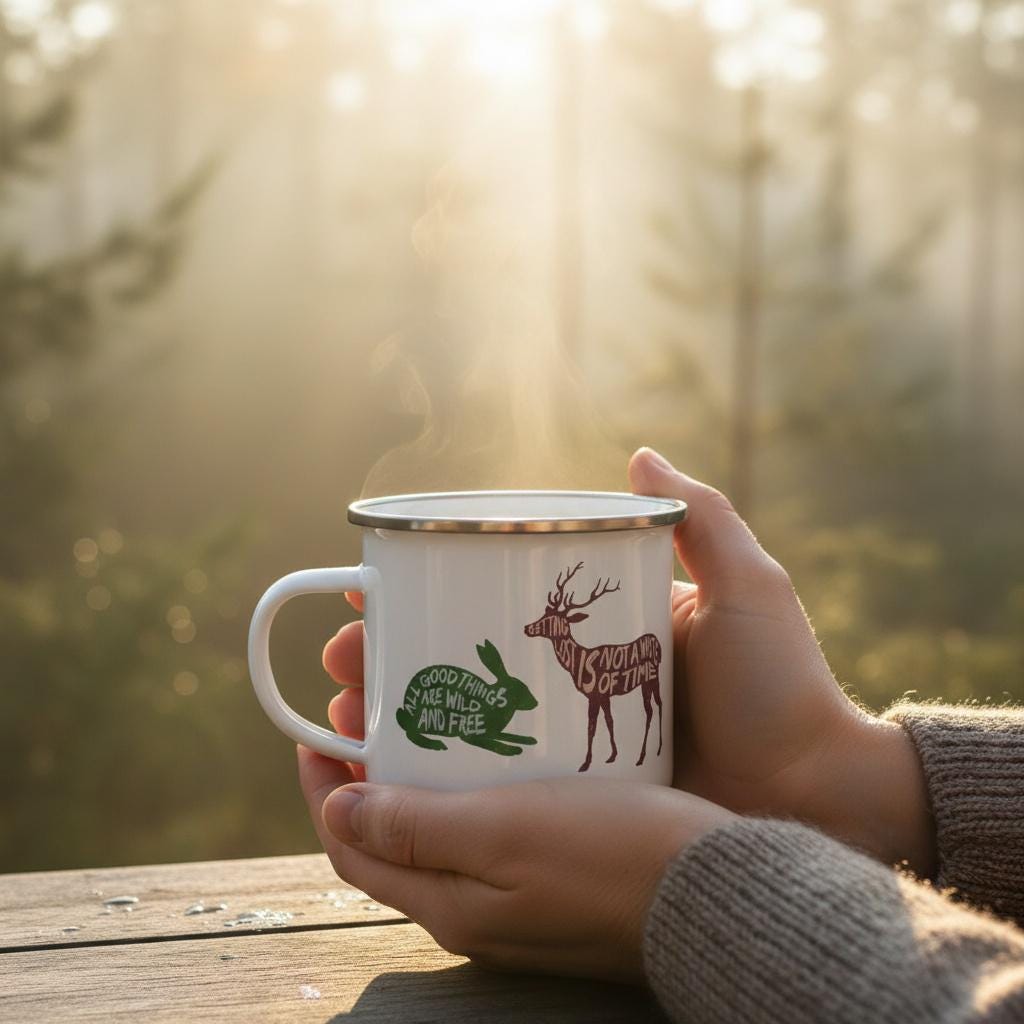 Hands cupping the Woodland Animal enamel mug, showing the green rabbit and burgundy deer, in misty morning forest light.