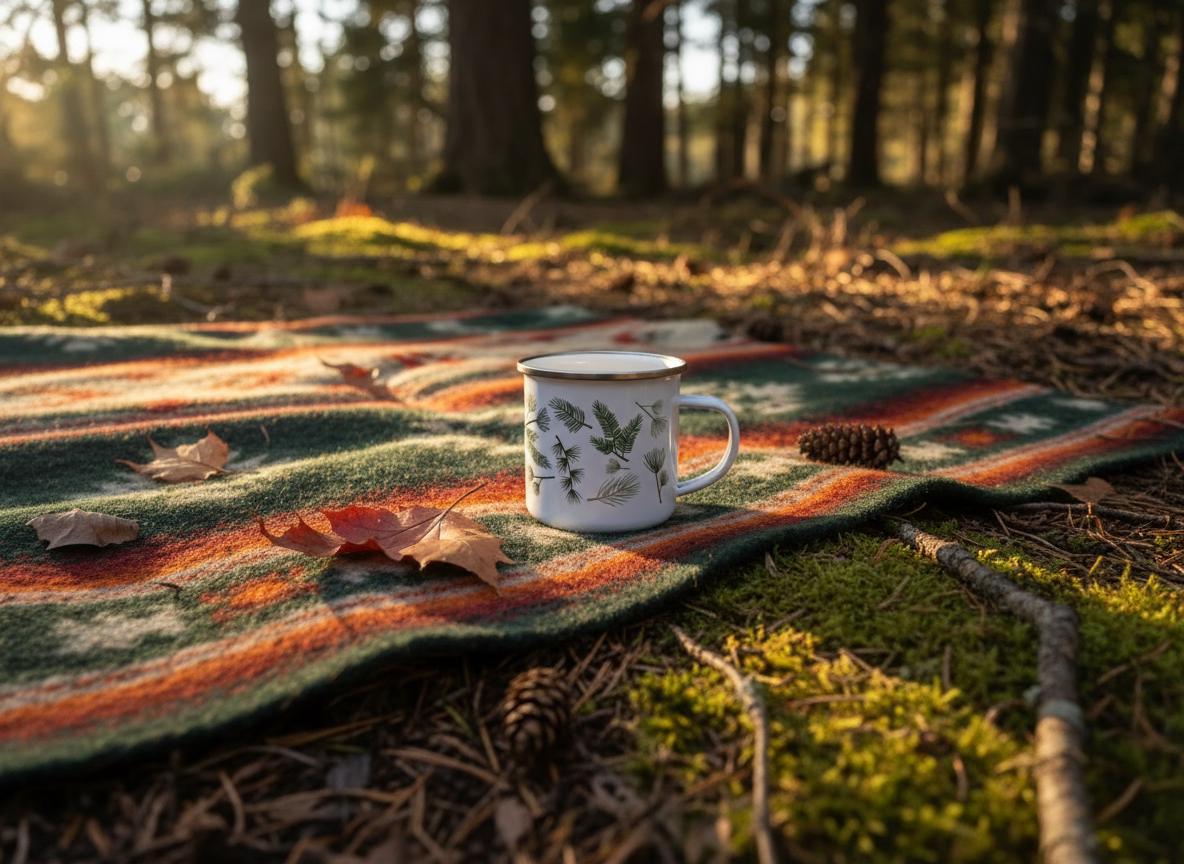 A white enamel mug with a metallic rim featuring a botanical print of green pine needles, cones, and twigs. The mug sits on a woven blanket with a multi-coloured geometric pattern in shades of orange, green, and cream, with fallen leaves.