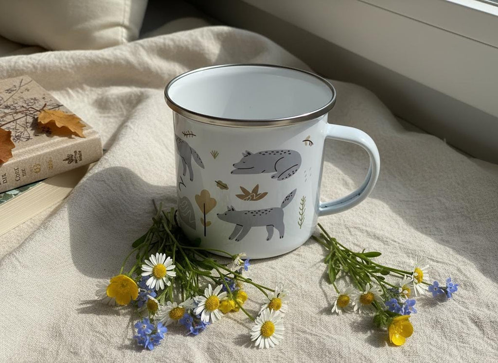 A white enamel mug with a silver rim featuring a repeating pattern of grey wolves, small golden trees, and foliage. The mug has a sturdy handle and a smooth finish, showcasing a clean design with a cylindrical shape and a wide opening.
